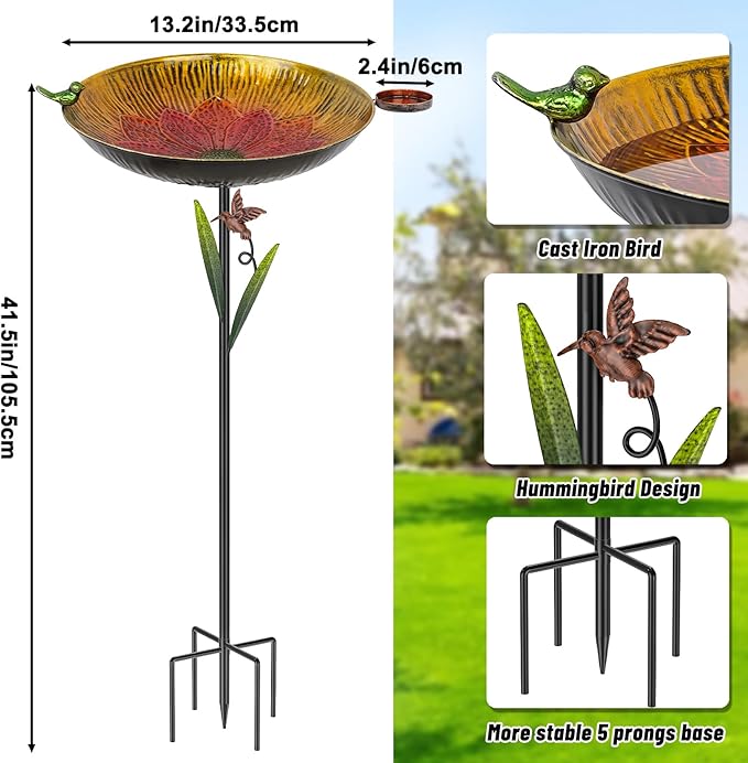 Metal Bird Bath for Outside, 41.5" Detachable Birdbath with Bowl & Decorative Birds, Easy to Clean Iron Garden Birdbath & Feeder for Outdoor Garden Lawn Yard Decor(Red+Yellow)