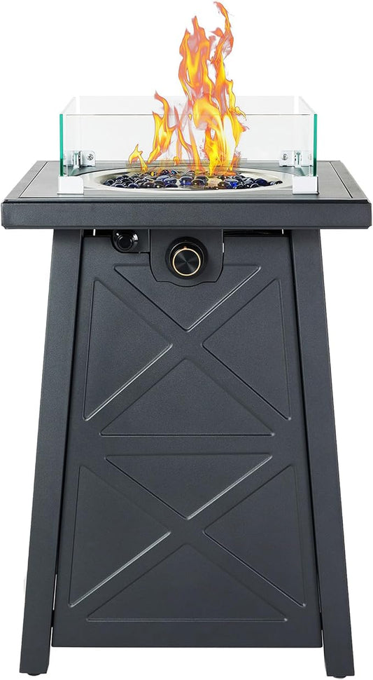 19.5 Inch Steel Fire Table, 40,000 BTU Outdoor Gas Fire Pit, Modern Pattern Patio Column Propane Fire Pit Fireplace w/Glass Rocks, Cover, Lid, Glass Wind Guard