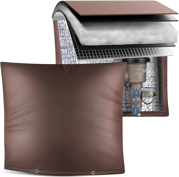 Outdoor Pipe Insulation Cover, Waterproof Backflow Preventer Cover for Winter Freeze Protection, Heavy-Duty 5-Layer Fabric Insulated Wrap for Sprinklers and Valves 30W x 24H inches - Brown