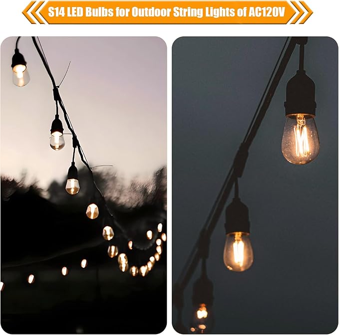 15 Pack Replacement Bulbs for String Lights, 2W S14 Shatterproof Waterproof LED Outdoor Light Bulbs, 2700K Soft White, E26 Base, AC120V, Not Dimmable