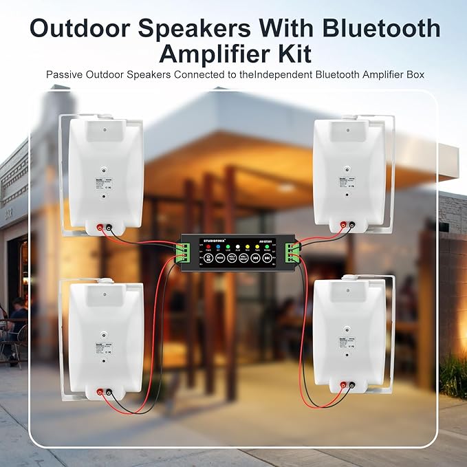 6.5 Inch Max 800W Outdoor Bluetooth Speakers Waterproof Wired with Multifunctional Amplifier Wall Mount Outdoor Speaker System for Patio Garden Poolside Home(4 Speakers,White)