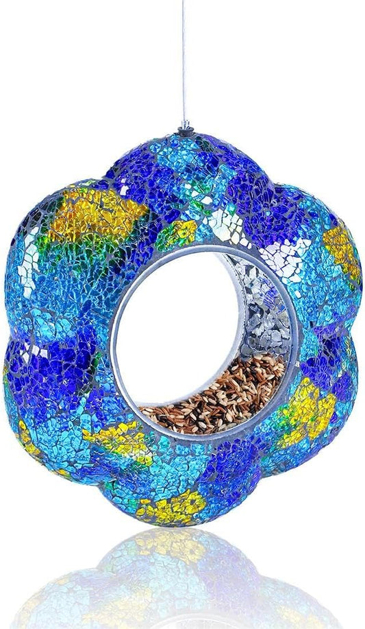VOREEN Mosaic Bird Feeder, Fly Through Bird Feeders for Outdoor Hanging, Glass Wild Bird Feeder, for Garden Yard Backyard Deck and Porch, Gift for Mom Wife Friend, Blue Flower, 8"