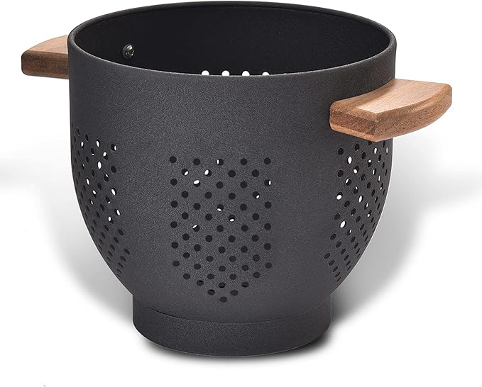 Metal Colander with Wood Handle and Stable Base, Powder Coated Steel Kitchen Strainer Basket for Draining Pasta, Vegetable and fruit(3quart,Matte Black)