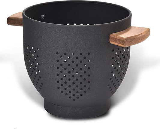 Metal Colander with Wood Handle and Stable Base, Powder Coated Steel Kitchen Strainer Basket for Draining Pasta, Vegetable and fruit(3quart,Matte Black)