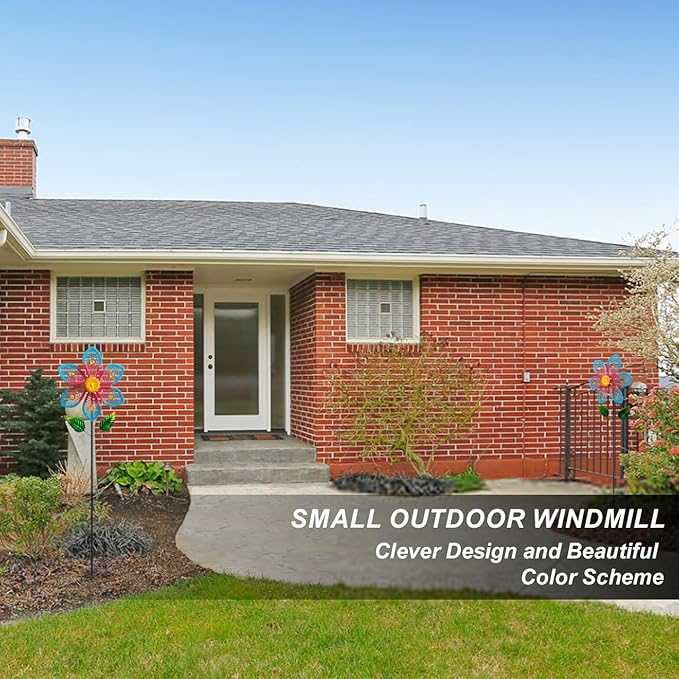 2 Pack Metal Wind Spinners for Garden Decor - Outdoor Windmill Sculptures, Durable Yard Art Wind Spinners Metal Wind Spinner for Patio Lawn Ornament, Vibrant Red & Blue Garden Spinners