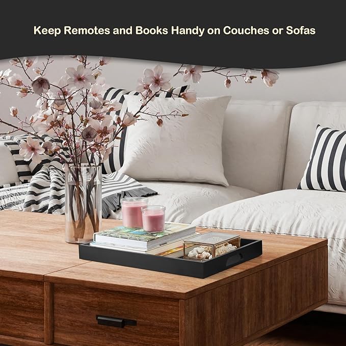 17 Inch Black Wood Serving Tray with Handles, Large Wooden Tray for Ottoman, Breakfast in Bed, Coffee Table, Dinner, Perfect for Living Room Bedroom Entryway and Kitchen