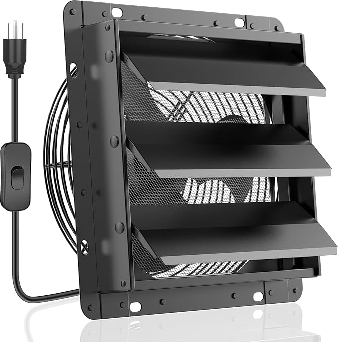 HG Power Upgraded 12 Inch Shutter Exhaust Fan, 764CFM High-Speed, 1400RPM Wall-Mounted Ventilation Fan for Shed, Garage, Greenhouse - with Mesh Screen, ON/OFF Switch & 8FT Power Cord, Black