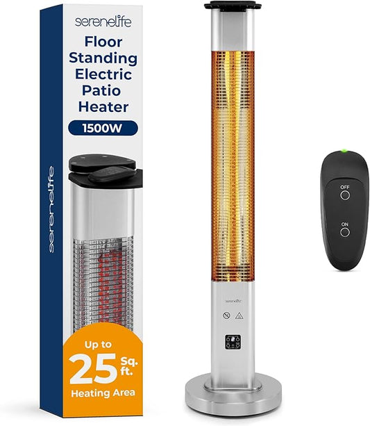 SereneLife Outdoor Electric Patio Heater - 1500W High-Efficiency Infrared Heating, Remote Control Standing Heater with Aluminum Reflector, Waterproof Design, IP65 Approved, Quiet Operation