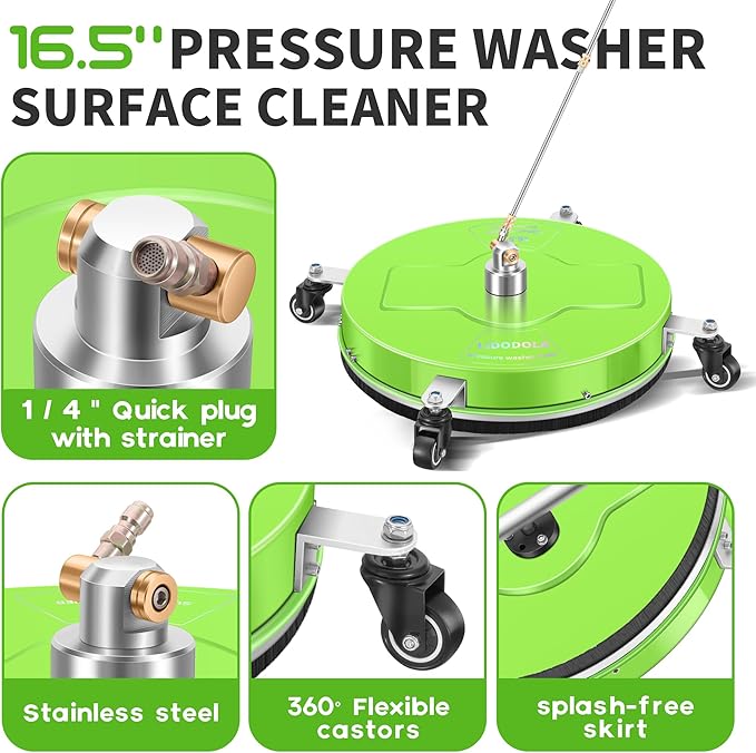 16.5" Pressure Washer Surface Cleaner with 4 Wheels - Coated Green Stainless Steel Surface Cleaner for Pressure Washer Attachment for Concrete, Driveway, Patio, Sidewalk, Deck and Driveways - PWS165