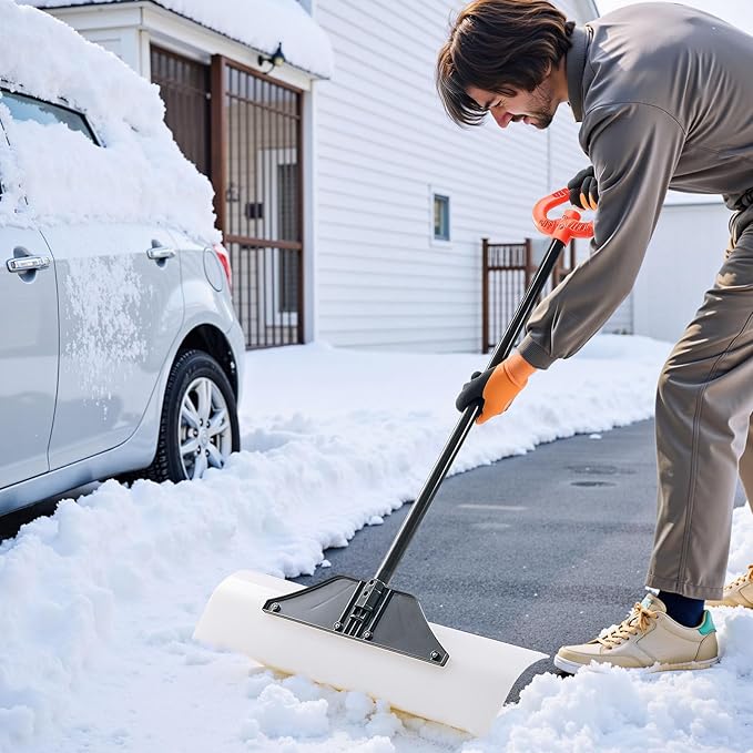 VEVOR Snow Pusher, 30 inch Wide Push Snow Shovel Plow for Driveway, Sidewalks and Doorways with Segmented Handle, Ergonomic Grip and HDPE Plastic Blade