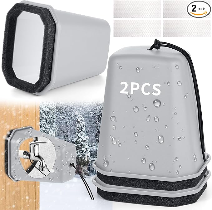 2 Pack 2025 Upgrade Extra Long Pet Proof Outdoor Faucet Covers Winter 8.5x7x5.5in Plastic Thick Foam Spigot Cover w/Reflective Strips for Outside Water Faucet Winter Freeze Protection (Gray)