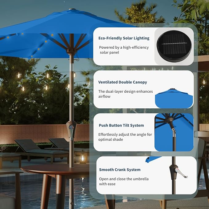 10FT Solar Umbrella 32 LED Lighted Patio Umbrella Table Market Umbrella w/Tilt and Crank, UV-Resistant Outdoor Umbrella for Pool, Garden, Deck, Royal Blue