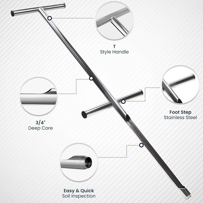 Varomorus Soil Sampler Probe 36" Stainless Steel Tubular T-Style Handle with Footsteps.