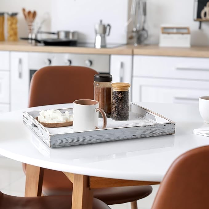 17 Inch Rustic White Serving Tray with Handles - Large Wooden Tray for Ottoman, Breakfast in Bed, Dinner, Coffee Table - Decorative Rectangular Tray for Living Room Bedroom Entryway and Kitchen Decor