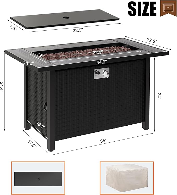Walsunny 45 inch Outdoor Propane Fire Pit 50,000 BTU Gas Fire Pit Table with Lid, Lava Rock, Waterproof Cover, Rectangle Gas Firepit Table for Garden/Patio, CSA Certification
