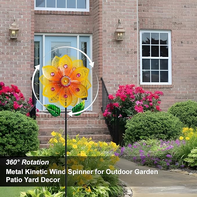 Metal Wind Spinners for Garden Decor Outdoor Windmill Sculptures, Durable Yard Art Wind Spinners Metal Wind Spinner for Patio Lawn Ornament (Bright Orange Flowers)