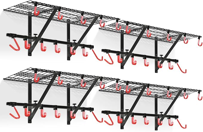 PLKOW Garage Wall Shelving 4-Pack Includes Bike Hooks, Sturdy Adjustable Garage Shelving Wall Mount Wall Organizer (Black, 4-Pack)