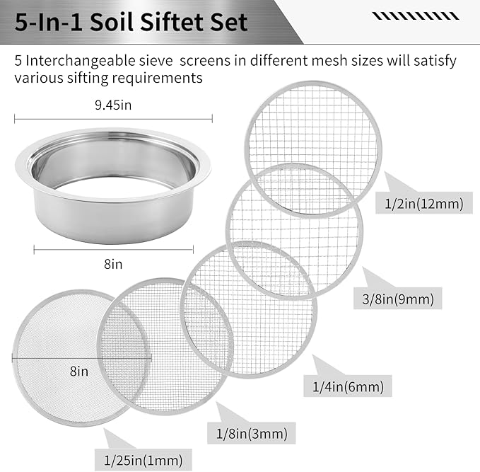 Soil Sifter Stainless Steel Riddle Sieve Set for Gardening with 5 Sizes 8" Diameter 1/3/6/9/12mm Interchangeable Meshes - Garden Potting Sieves with Shovel - Planting Soil Sifters Strains