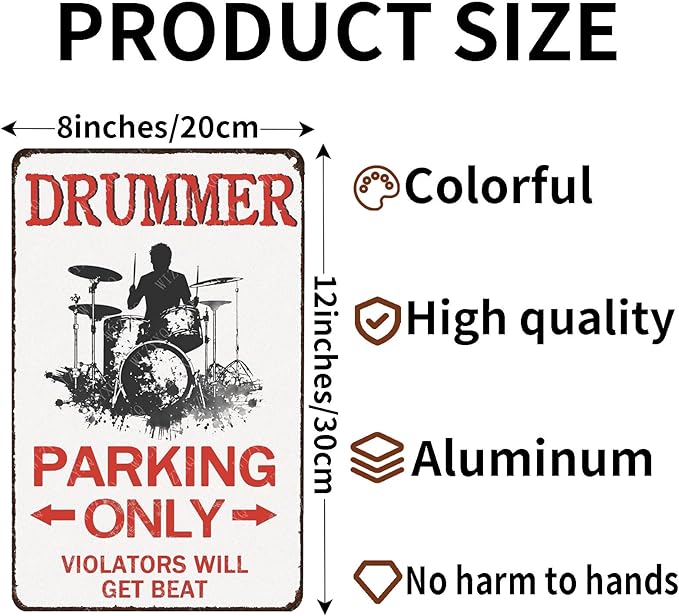 Drummer Parking Only Violators Will Get Beat Tin Sign Drummer Sign for Men Vintage Wall Decor for Men Cave Garage Bar 12×8 Inch