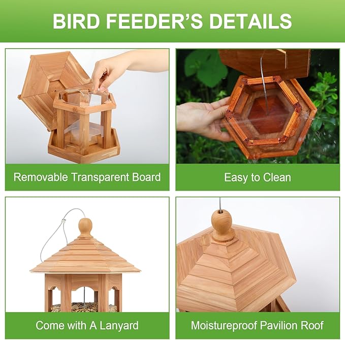 Wooden Bird Feeder for Outdoors Hanging, Red Cedar Hexagon Shaped Large Capacity, Cardinal Birdfeeder for Garden Decoration Yard, Weatherproof and Durable(Medium)
