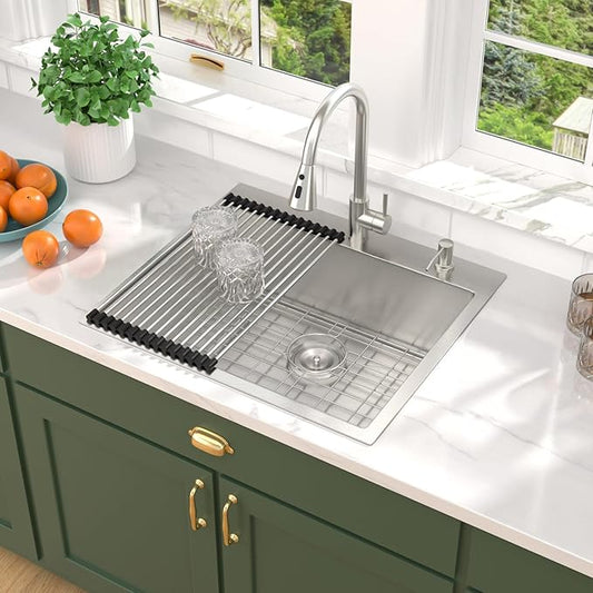 25 Inch Drop In Kitchen Sink with Faucet - 25x22 Drop in Kitchen Sink Premium 16 Gauge 304 Stainless Steel Topmount Single Bowl Sinks with Accessories #TLT-0016