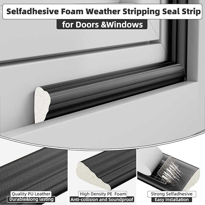 2 Pack*16.4 Ft Weather Stripping Seal Strip for Doors,Soundproofing Window Insulation Draft Stopper for Winter, Selfadhesive Foam Weather Strip for Door Frame,Door Gap Filler Noise Blocker(Black)