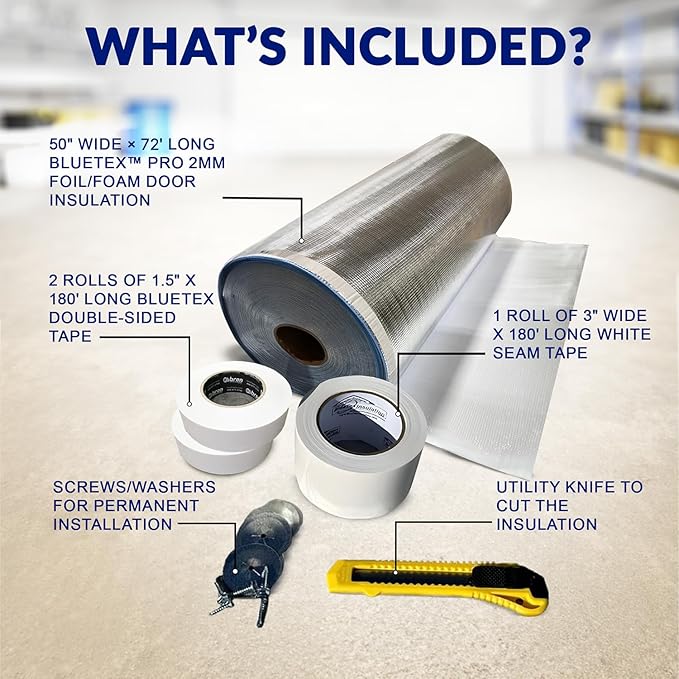 BlueTex Roll Up Garage Door Insulation Kit for Cooling Down Metal Buildings – Easy to Install Complete Insulation for 2 Garage Doors Up to 12'x12' or Large Single Door Up to 300 Sq ft - Oversized