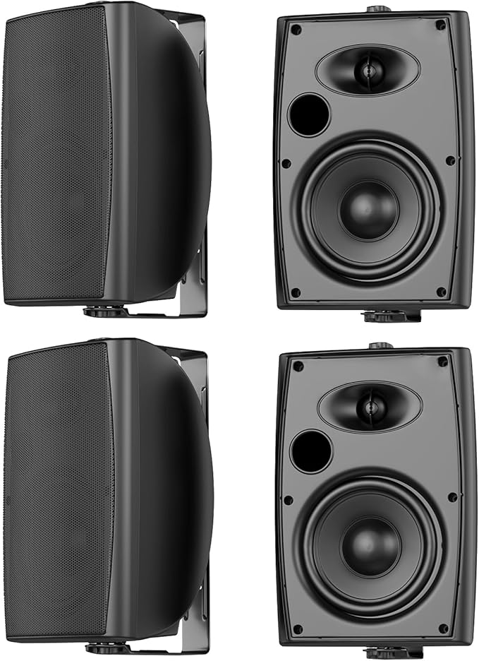 6.5 Inch Max 800W Outdoor Bluetooth Speakers Waterproof Wired with Multifunctional Amplifier Wall Mount Outdoor Speaker System for Patio Garden Poolside Home(4 Speakers,Black)