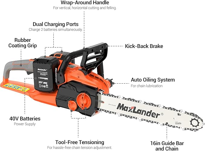 MAXLANDER 40V Cordless Brushless Chainsaw 16 Inch Electric Battery Powered with 4.0Ah Lithium Battery and Charger Quiet Auto-oiling Tool-less Tensioning