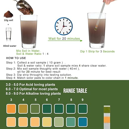 Soil pH Test Kit (3-9 Range) 100 Soil pH Tester Strips, Test Soil of Garden Lawn Grass Flower Vegetable Compost Indoor and Outdoor Plants