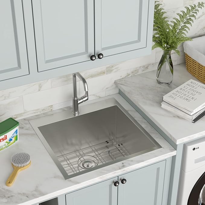 22 Inch Laundry Sink Drop In Laundry Utility Skins16 Gauge Stainless Steel Single Bowl Sink 12" Deep Single Bowl Laundry Room Sinks 22x22x12