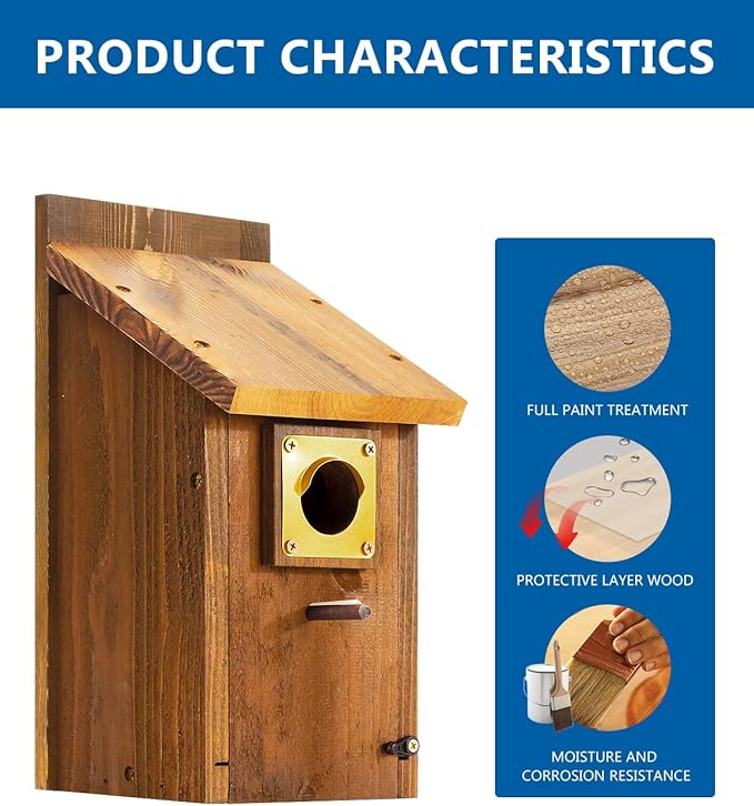 2pk Large Bluebird House for Outdoor - Extra High Size, with Perch, Mesh Base & Brass Guard - Cedar Birdhouse for Bluebirds, Finches, Swallows Carbonized Finished 5 Years Usage, Assembling Needed