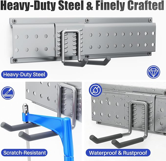 Garage Tool Organizer Wall Mount 96 inches with 18 Adjustable Heavy-Duty Hooks, Garage Organization, Garden Tool Storage Rack, Yard, and Shed, Holds Up to 750 lbs (Grey)