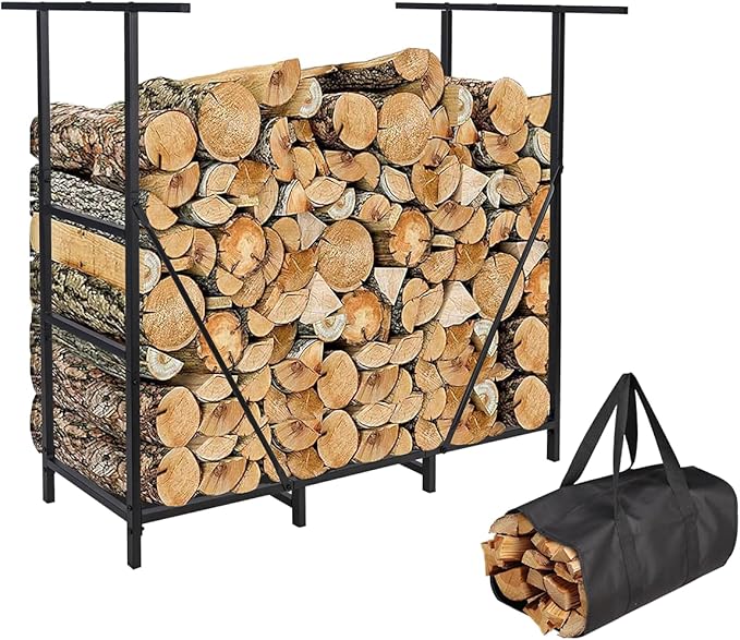 Vailge Firewood Rack Outdoor 4FT with Waterproof Firewood Carrier Bag, Adjustable Heavy Duty Steel Firewood Holder Storage, Log Rack for Fireplace, Fire Pit, Backyard, Camping