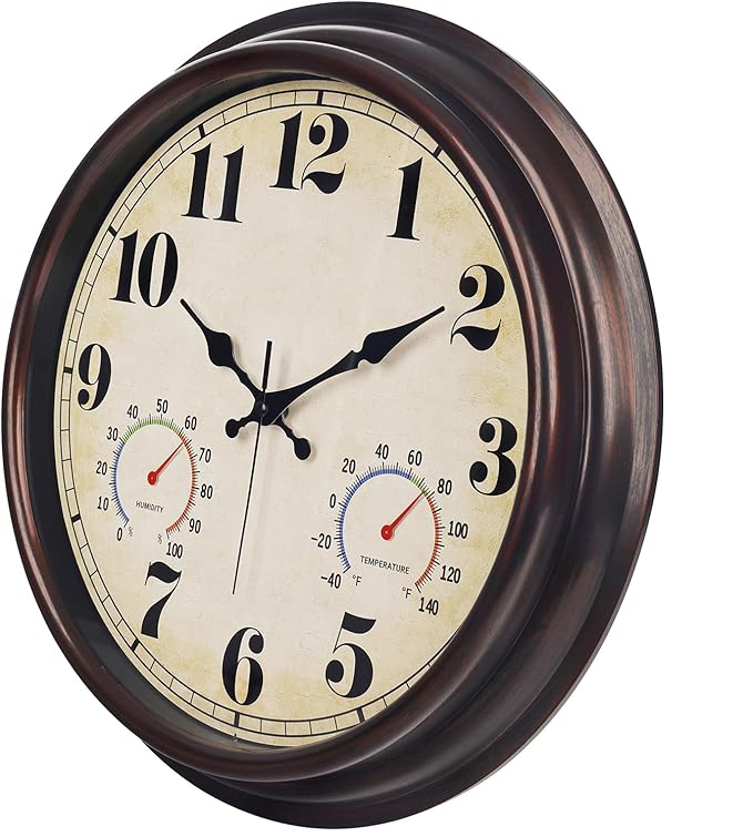 JENLYSTIME 16 Inch Dark Brown Vintage Wall Clock with Thermometer & Hygrometer - Waterproof Decorative Indoor/Outdoor Clock with Large Numerals & Silent Sweep Movement - Ideal for Porch, Garden, Pool