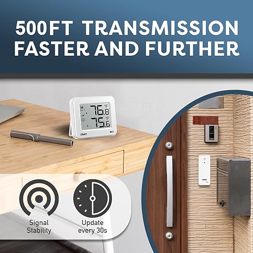 OBET Outdoor Thermometer Wireless Indoor Outdoor Digital Thermometer Greenhouse Thermometer Remote Temperature Monitor for House Home Room Patio B61-White