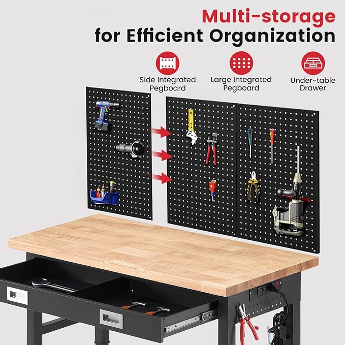 Workbench for Garage with Drawers 48 x 24 Inch Rubberwood Tabletop Work Table with Pegboard, Power Outlets Adjustable Height Work Bench for Woodworking Shop, Home, Office