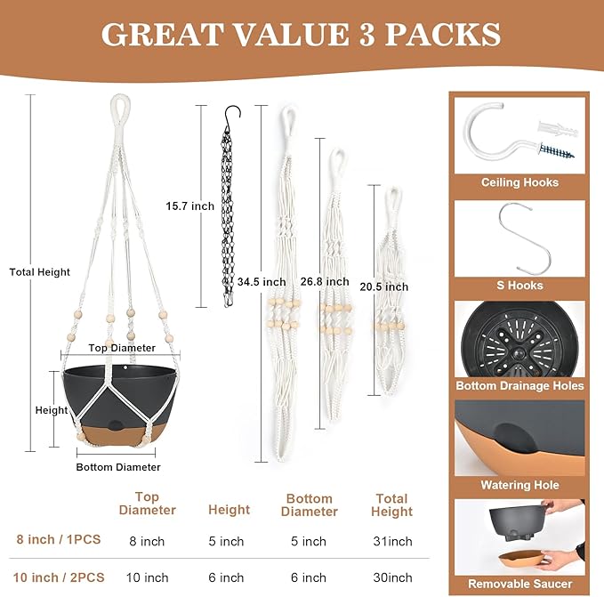 3 Pack Hanging Planters Set, 10 + 10 + 8 Inch Self-Watering Hanging Plant Pot, Macrame Plant Hanger with Pot, Ceiling Hooks, Removable Saucer and Drainage Holes for Indoor, Outdoor Plants - Black