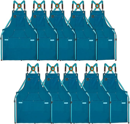 10 Pack Kitchen Aprons, Work Apron, Canvas, Multiple Pockets, Gardening, Painting, BBQ, Artist, Carpenter, Sizes M to XXL, Blue