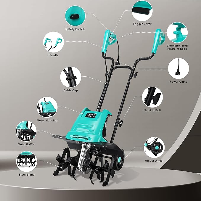 Tiller 13.5AMP Rototiller for Garden Corded Electric Tiller Garden Electric Cultivator 8Inch Depth 16Inch Width Tiller for Garden Yard