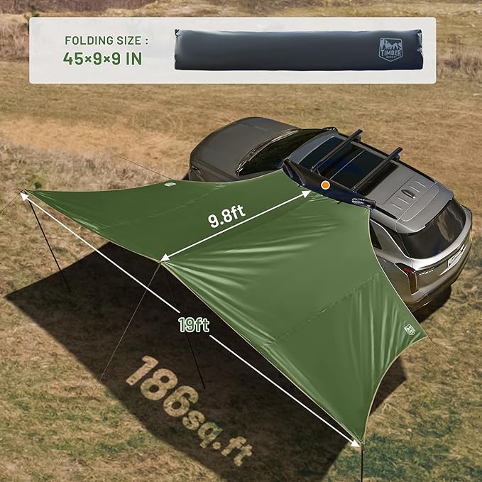 TIMBER RIDGE 19x9.8ft Retractable Vehicle Awning with Blackout Coating Roof Rack Pull-Out Sun Shade Overland Camping, Waterproof Sun Shelter for Car/Truck/Jeep/SUV/Van Green