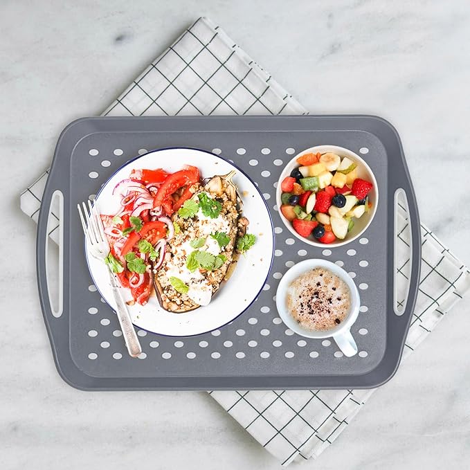 17.7" x 12.5" Anti-Slip Serving Trays with Handles, 3 Pcs X-Large Rectangular Food Serving Tray for Lap, Reusable and Durable, Grey