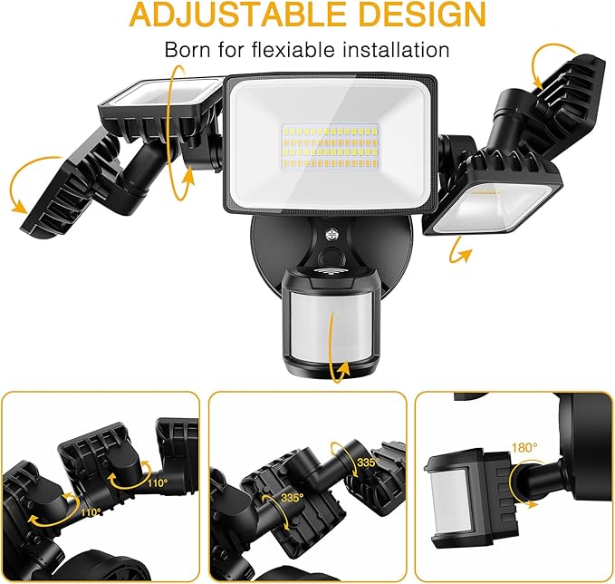 Onforu 55W Smart LED Security Lights Motion Sensor Outdoor 5 Heads, 340° Illumination WiFi Alexa Flood Light 5500LM APP Control, 2500K-6500K Exterior Motion Detector, IP65 Wall Light for Yard, Balck