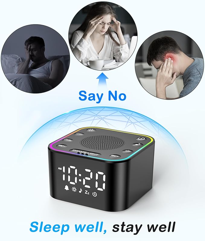 Sound Machine with Alarm Clcok: 30 Non-Looping Sleep Sounds - White Noise Alarm Clock for Natural Wake Up - Adjustable Volume & Light, Memory Function, Sleep Timer (Black)