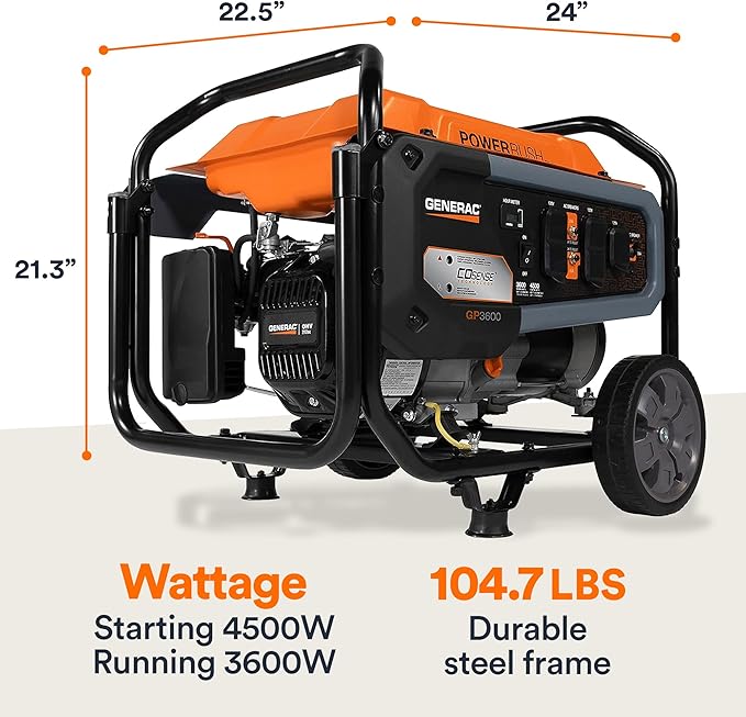 Generac 4,500/3,600-Watt Portable Gas Generator - Electric Start - Home Backup or RV Ready - Heavy Duty Frame - Quiet, Long Runtime, Emergency Power- 49-State Compliant
