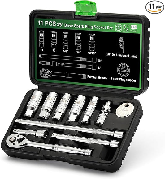 11-Piece Spark Plug Socket Set with 3/8" Drive Ratchet Handle, Spark Plug Gapper, Universal Joint and Extension Bar, 5/8", 3/4", 13/16", 14mm, 18mm, CR-V Sockets with Rubber Retaining Rings