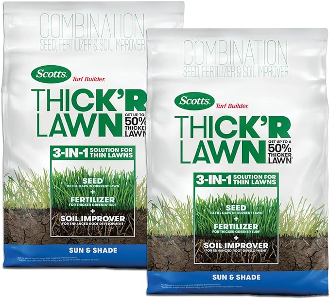 Scotts Turf Builder Thick'R Lawn Sun and Shade, Combination Seed, Fertilizer and Soil Improver, Thickens Thin Grass, 12 lbs., 2-Pack