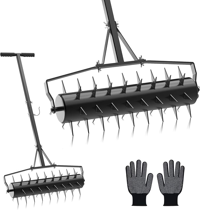 Seeutek 23 Inch Rolling Lawn Aerator - Upgraded Heavy Duty Aerator Lawn Soil Penetrator Spikes w/ 3 Adjustable Height Handles, Manual Aerator Lawn Tool for Garden Yard