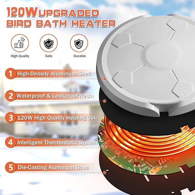 Daoeny Bird Bath Heater, 120W Bird Bath Heaters for Outdoors in Winter, Birdbath Water Heater Full-Covered Aluminum, Heated Bird Bath Pond Deicer Thermostatically Control for Patio Yard Farm (White)