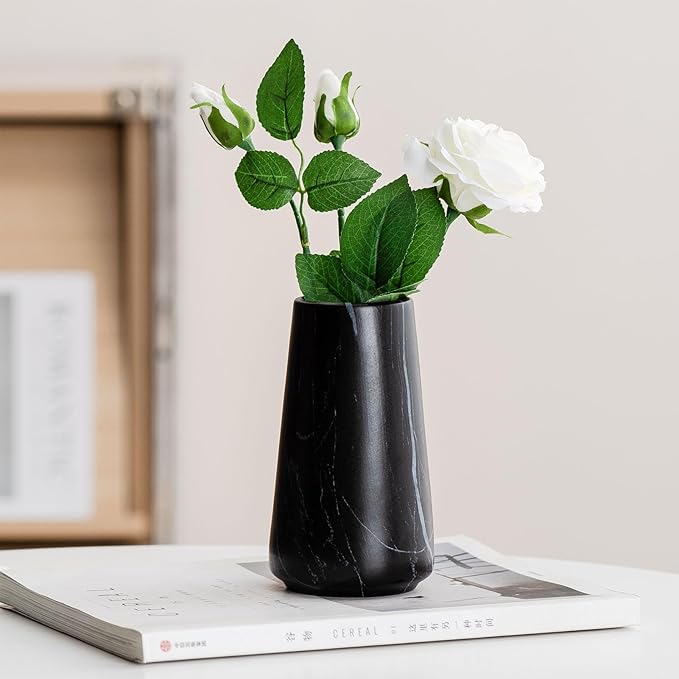 Marble Black Vase - Black Flower vase, 6" Small Simple Modern Ceramic Vases for Flower/Pampas Grass, Minimalist Farmhouse Boho Vase for Centerpieces, Home Decor, Bathroom Decor